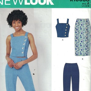May include: A sewing pattern for a two-piece outfit. The pattern includes a sleeveless top with buttons and a pair of pants. The pattern is for sizes 6-18. The pattern number is R10098.