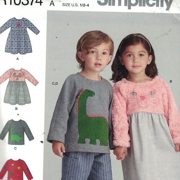 Kids Sewing Pattern Simplicity S9023 9023 R10374 R10710 Boys Girls Dress Raglan Sleeve Shirt Pants with Pockets Toddler Size 1/2-4 UNCUT