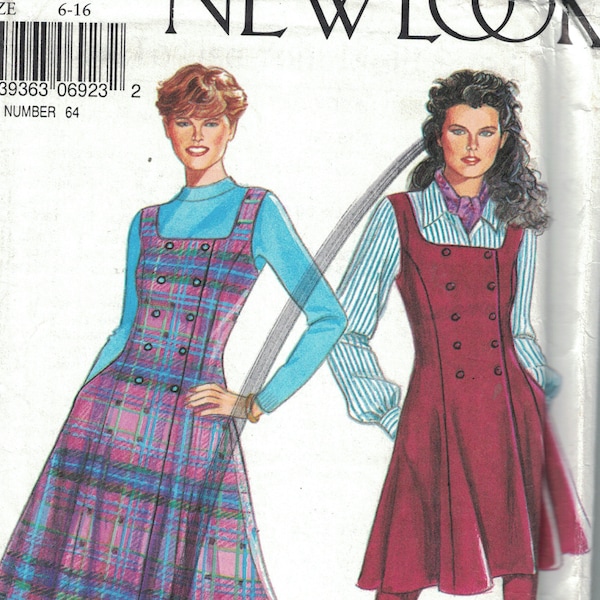1990s Sewing Pattern New Look 6923 Misses Princess Seam Jumper Dress with Military Button Detail and Back Tie Size 6-16  UNCUT