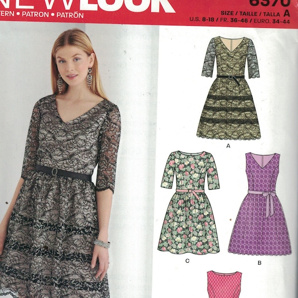 Misses Sewing Pattern New Look 6370 Party Dress with 3/4 Length Sleeves Flared Skirt V Neckline Size 8-18 UNCUT