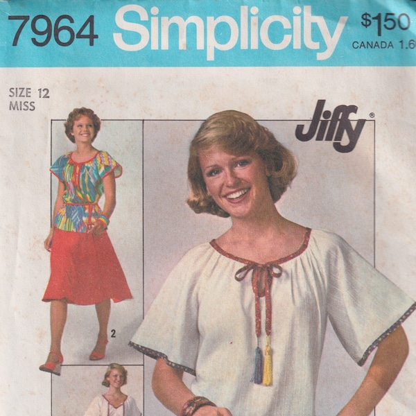 1970s Vintage Sewing Pattern Simplicity 7964 Misses Jiffy Easy Peasant Boho Blouse Skirt Size 12 Bust 34 70s 1977 UNCUT