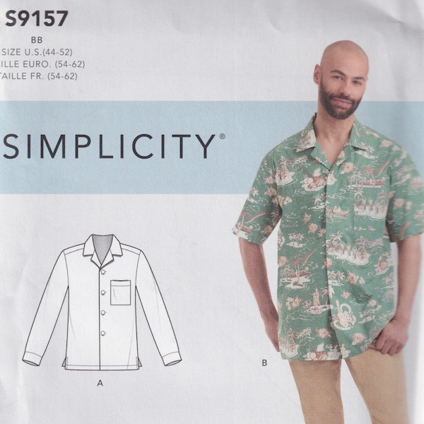 Mens Sewing Pattern Simplicity S9157 9157 Mens Button Front Shirt Pocket Bowling Hawaiian Size 34-42 or 44-52 UNCUT