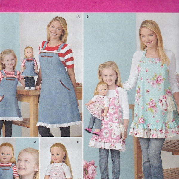 Craft Sewing Pattern Simplicity 1240 D0970 Misses Girls Mommy Daughter and 18 Inch Doll Matching Ruffled Apron with Pockets Size S-L  UNCUT