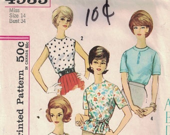 1960s Vintage Sewing Pattern Simplicity 4935 Misses Back Button Blouse Top with Monogram Transfer Size 14 Bust 34