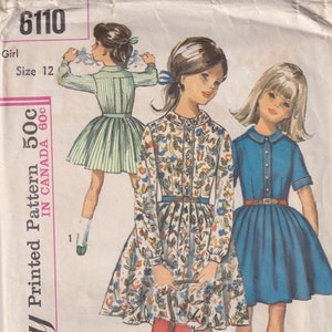1960s Vintage Girls Sewing Pattern Simplicity 6110 Girls Full Skirt Shirtwaist School Dress Size 12 Breast Bust 30 1965 60s