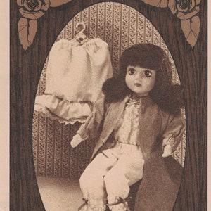 May include: A vintage doll pattern from Fibre-Craft, featuring a doll with a brown dress and white pants. The pattern is part of The Portrait Collection.