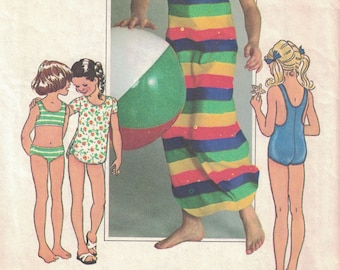 1970s Vintage Sewing Pattern Simplicity 7507 Girls Bathing Suit Bikini Two Piece Cover UP Knit Dress Size 7 Bust Breast 26 1976 70s