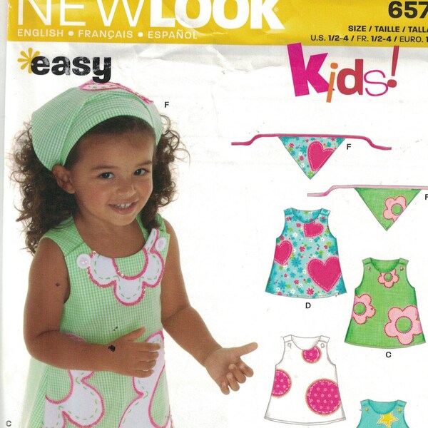 Kids Sewing Pattern New Look 6578 Girls Easy A Line Dress Jumper Kerchief Easy Size 1/2 1  2 3 4 Breast 20 21 22 23 24 UNCUT