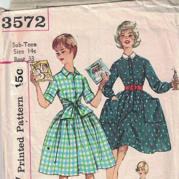 1950s Vintage Sewing Pattern Simplicity 3572 Juniors Teen Subteen Pocket Dress Full Skirt with Puff Dropped Sleeves Size 14 14S Bust 33
