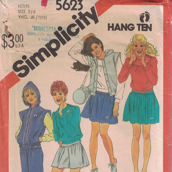 1980s Vintage Sewing Pattern Simplicity 5623 Young Junior Teen Hang Ten Stretch Knit Separates Sweats Skirt Shorts Size 5 6 Bust 28 1982 80s