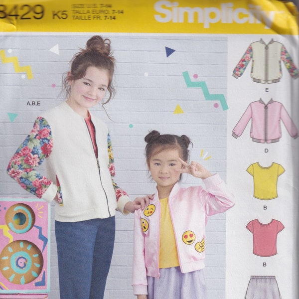 Kids Sewing Pattern Simplicity 8429 Girls Separates Bomber Jacket Skirt Knit Leggings Tshirt Top Size 3-6 or 7-14 UNCUT