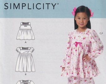 Kids Sewing Pattern Simplicity S9204 9204 R10699 Girls Top Dress Nightgown Pants Pajamas Size 3-8 UNCUT