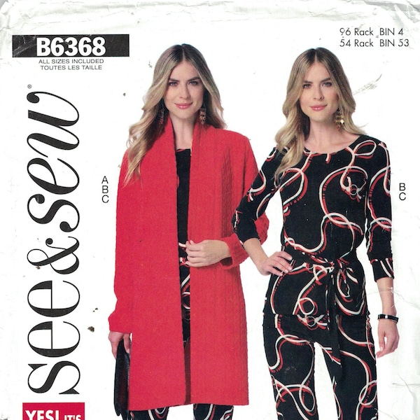 Misses Sewing Pattern See and Sew B6368 6368 Easy Cardigan Top Belt Pants Size xxS XS S M L XL xxl 4-26 UNCUT