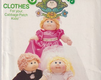 1980s Vintage Doll Sewing Pattern Butterick 3927 Cabbage Patch Kids Clothes 16 Inch Wedding Gown Tuxedo Bridesmaid UNCUT 80s 1986