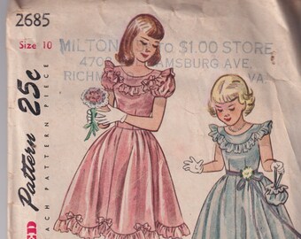 1950s Vintage Girls Sewing Pattern Simplicity 2685 Girls Party Dress Flower Girl Puff Sleeves Ruffled Collar Size 10 Breast Bust 28