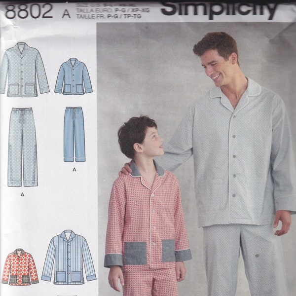 Mens Sewing Pattern Simplicity 8802 Father Son Men and Boys Pajamas Pajama Top and Pants Size S M L Xl UNCUT