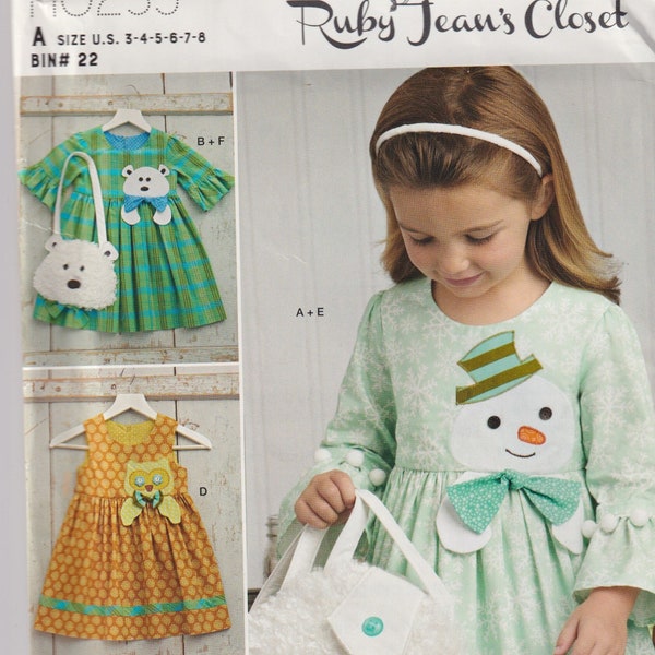 Girls Sewing Pattern Simplicity 8522 H0235 Girls Ruby Jeans Closet Boutique Dress with Animal Applique and Purse Size 3-8 UNCUT