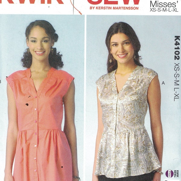 Misses Sewing Pattern Kwik Sew K4108 4108 Misses Button Front Peplum Top Size XS S M L XL UNCUT