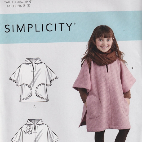 Kids Sewing Pattern Simplicity 8428 R10709 Girls Pullover Hooded Poncho Size 3-8 UNCUT