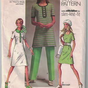 May include: A vintage Simplicity sewing pattern, number 9285, with three mini-length dress and trouser suit designs. The pattern includes instructions for young junior/teen sizes, with bust and waist measurements. The cover art showcases the fashion styles.