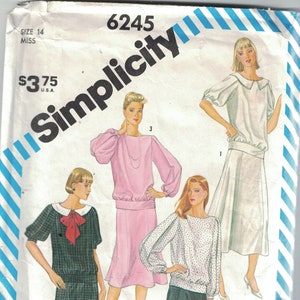1980s Vintage Sewing Pattern Simplicity 6245 Misses Loose Fitting Two Piece Dress Top Skirt Blouson Size 14 Bust 36 1983 80s UNCUT