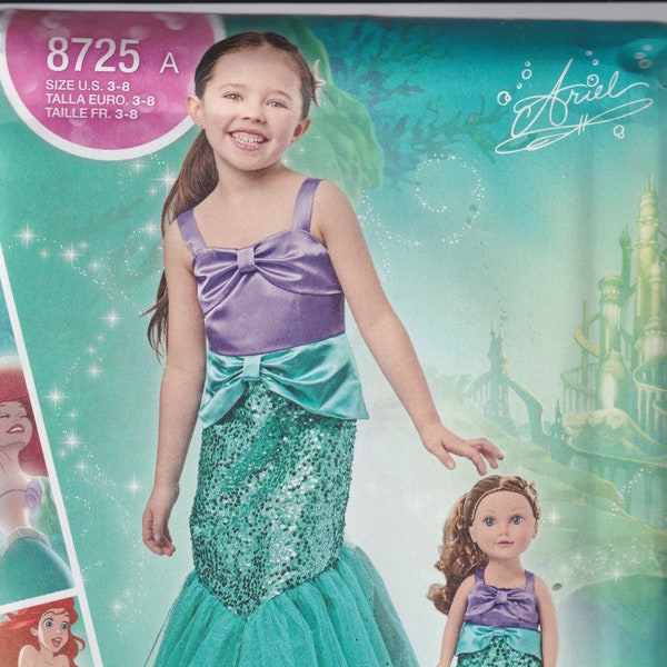 Girls Costume Sewing Pattern Simplicity 8725 Ariel Mermaid Halloween Costume Dressup Disney Princess and Doll Dress Size 3-8 UNCUT