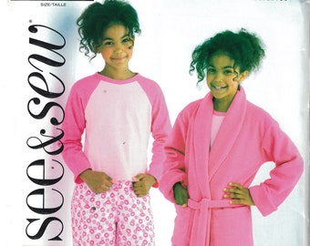 Girls Sewing Pattern See and Sew B4322 4322 Easy Pajamas Raglan Sleeve Top Pants Robe PJs Size 7-10 or 12-16 UNCUT