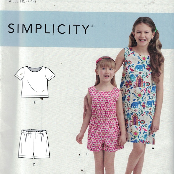 Kids Sewing Pattern Simplicity S9156 9156 R10611 Girls Summer Shift Dress Top Shorts Romper Size 3-6 or 7-14 UNCUT