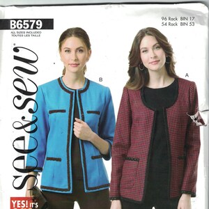 May include: A sewing pattern for a jacket with two different styles. The jacket on the left is a light blue color with black trim. The jacket on the right is a red and black plaid with black trim. Both jackets have a collar and a front closure. The pattern includes instructions for sizes 6-22.
