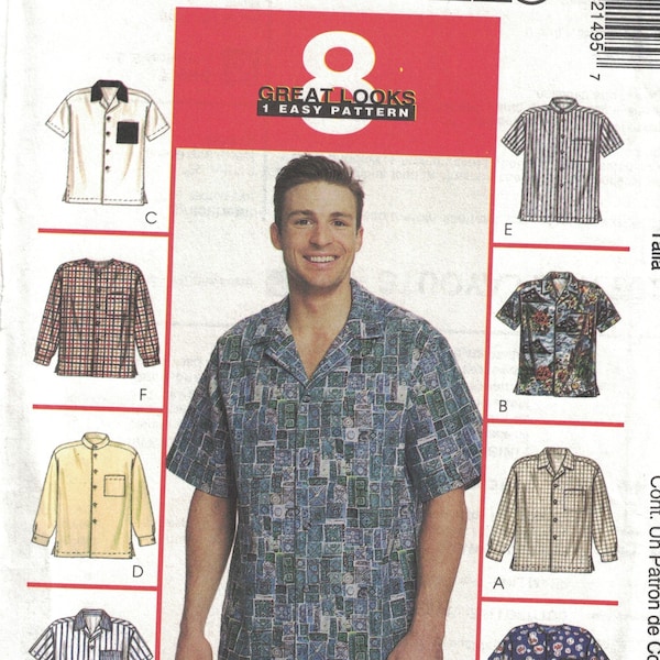 Mens Sewing Pattern McCalls 2149 Button Front Bowling Shirt Short Long Sleeves UNCUT