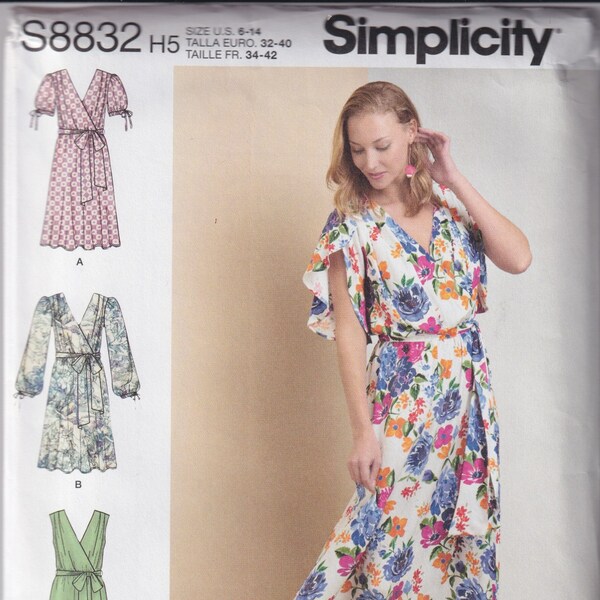 Misses Sewing Pattern Simplicity 8832 S8832 Pullover Faux Wrap Surplice Neckline Dress Size 6-14 or 16-24 UNCUT