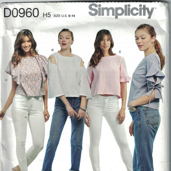 Misses Sewing Pattern Simplicity 8642 D0960 Easy Peasant Top Shirts Cold Shoulder Ruffles Cropped Size 6-14 or 14-22 UNCUT