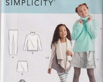 Kids Sewing Pattern Simplicity 8807 R10720 Girls Leggings Mock Turtleneck Top Skirt and Vest Size 3-6 or 7-14 UNCUT