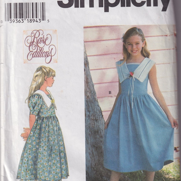 Vintage 1996 Girls Sewing Pattern Simplicity 7145 Rare Editions Girls Wide Sailor Collar Formal Dress - CUT for size 7