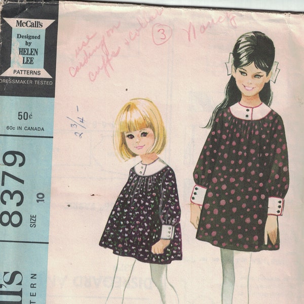 1960s Vintage Childs Sewing Pattern McCalls 8379 Girls Hellen Lee Mod Dress with Cuffed Sleeves Size 10 Breast 28 60s 1960s 1966 CUT