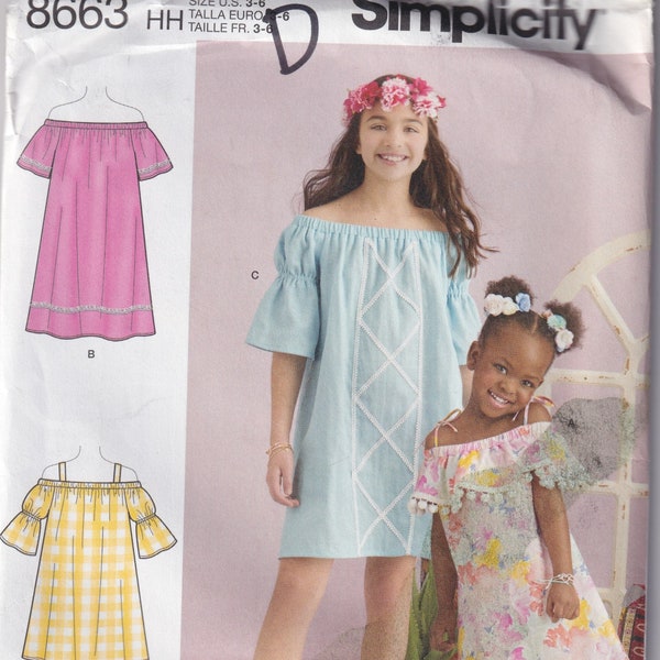 Kids Sewing Pattern Simplicity 8663 Girls Peasant Dress Off Shoulder Boho Style Size 3-6 UNCUT - Ink Stains