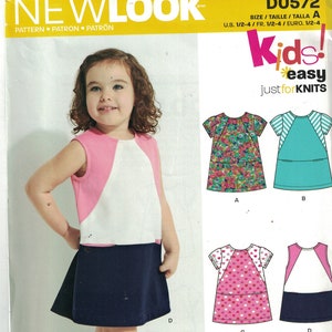May include: A sewing pattern for a kids' dress with a variety of color and pattern options. The pattern is for sizes 1/2-4 and is called "Kids! Easy Just for Knits" by New Look.