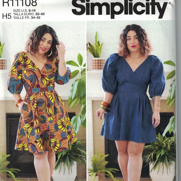 Misses Sewing Pattern Simplicity S9329 9329 R11108 Mimi G Dress with V Neck and Puff Sleeves Size 6-14 or 16-24 UNCUT
