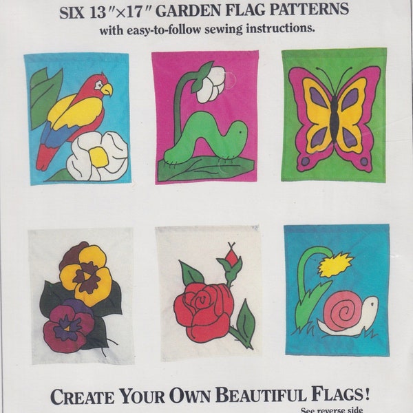 Craft Sewing Pattern Flag Factory 63628 Set of 13x17" Nylon Garden Flags Sewing Pattern Parrot Inchworm Butterfly Pansy Rose Snail UNCUT