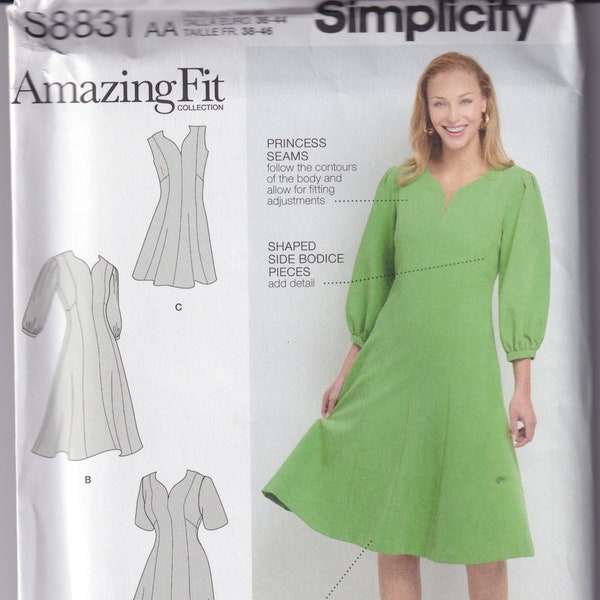 Misses Sewing Pattern Simplicity 8831 S8831 Womens Amazing Fit Princess Seam Flared Dress Size 10-18 or 20W-28W UNCUT