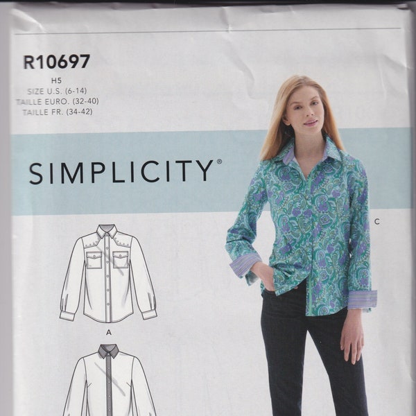 Misses Sewing Pattern Simplicity 1538 R10697 Button Front Shirt with Yoke Variations Size 6-14 or 16-24 UNCUT