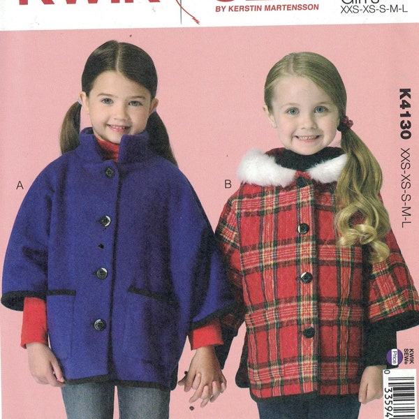 Kids Sewing Pattern Kwik Sew K4130 4130 Girls Loose Fitting Coat with Dolman Sleeves Size 3 4 5 6 7 8 10 UNCUT