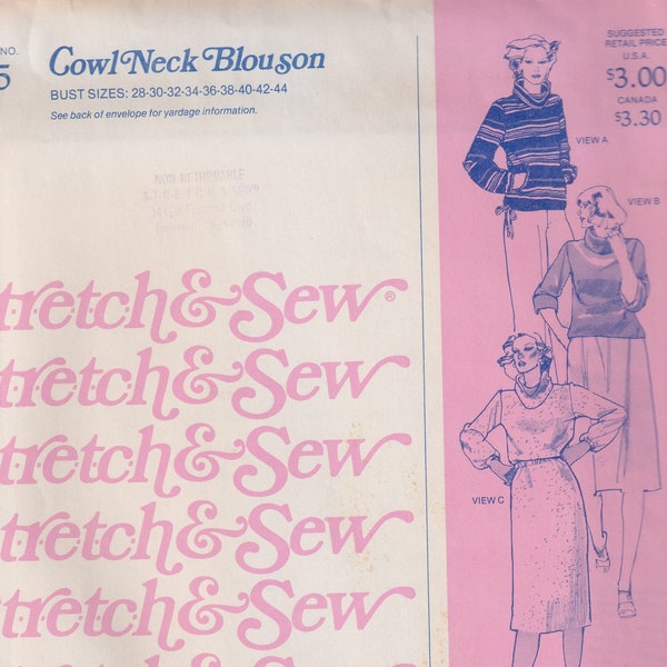 1970s Vintage Sewing Pattern Stretch and Sew 305 Misses Cowl Neck Blouson Bust Size 28-44 1977 UNCUT