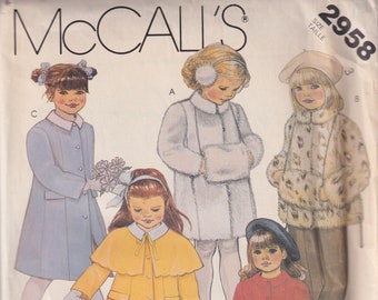 1980s Girls Vintage Sewing Pattern McCalls 2958 Girls Coat Jacket Cape Muff Pants Size 3 UNCUT