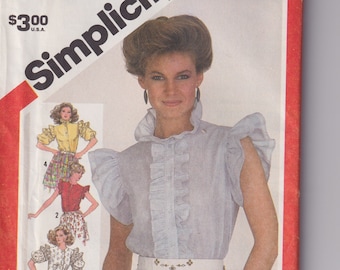 1980s Misses Sewing Pattern Simplicity 5818 Ruffle Front Prairie Blouse High Collar Puff Sleeves Size 10 UNCUT