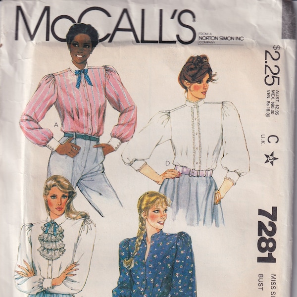 1980s Vintage Sewing Pattern McCalls 7281 Misses Edwardian Style Blouse and Jabot and Puff Sleeves History Bounding Size 10 UNCUT
