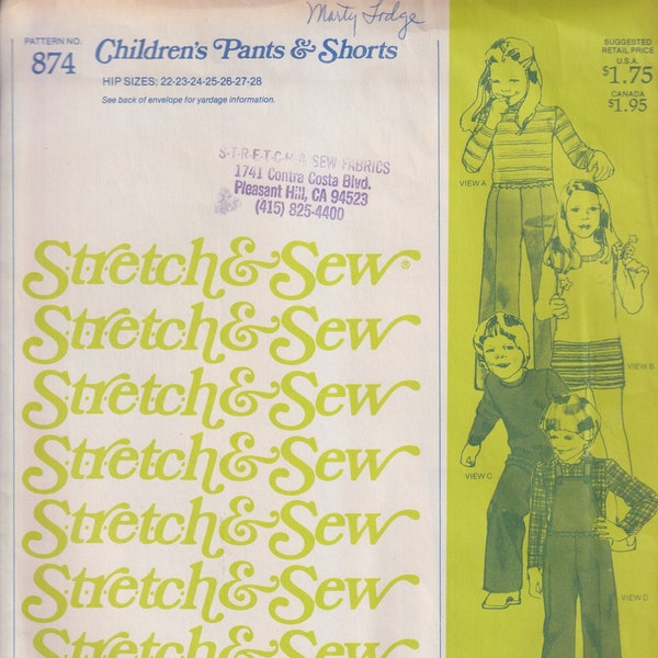 1970s Vintage Sewing Pattern Stretch and Sew 874 Childrens Pull on Pants Shorts Overalls Boys Girls Kids 1970s UNCUT