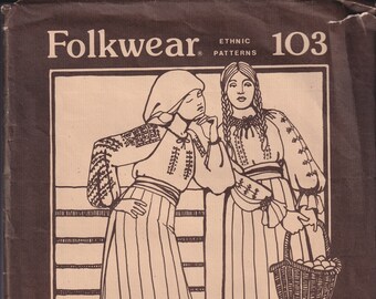 Misses Vintage Costume Sewing Knitting Pattern Folkwear 103 Roumanian Romanian Blouse Peasant Top with Embroidery One Size UNCUT