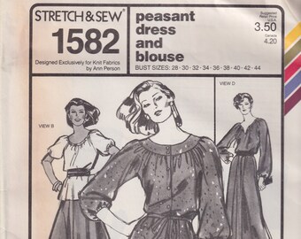 1970s Vintage Sewing Pattern Stretch and Sew 1582 Misses Peasant Dress and Blouse Hippie Boho Size 28 30 32 34 36 38 40 42 44 UNCUT