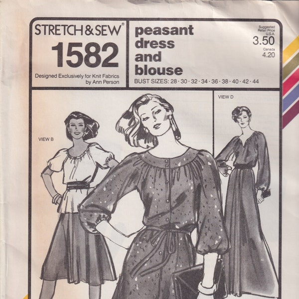 1970s Vintage Sewing Pattern Stretch and Sew 1582 Misses Peasant Dress and Blouse Hippie Boho Size 28 30 32 34 36 38 40 42 44 UNCUT